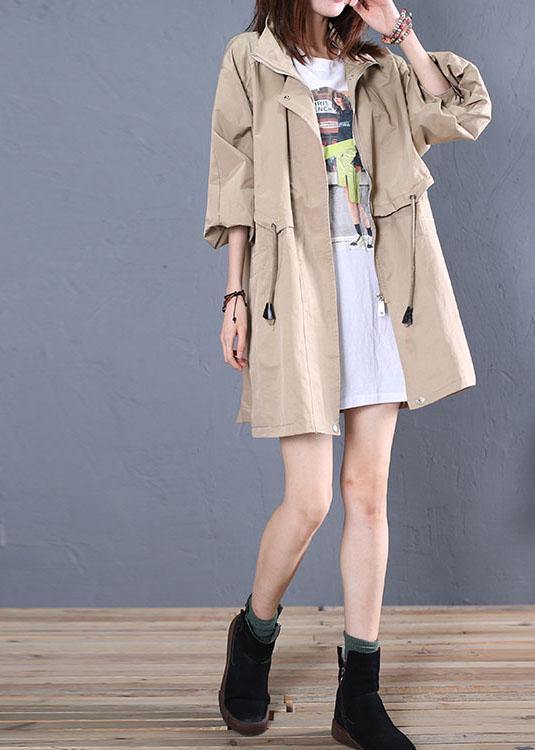 Elegant Loose fitting medium length jackets fall khaki drawstring coats - SooLinen