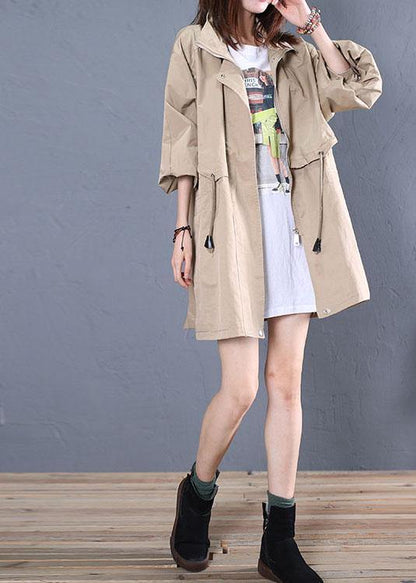 Elegant Loose fitting medium length jackets fall khaki drawstring coats - SooLinen