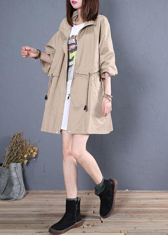 Elegant Loose fitting medium length jackets fall khaki drawstring coats - SooLinen
