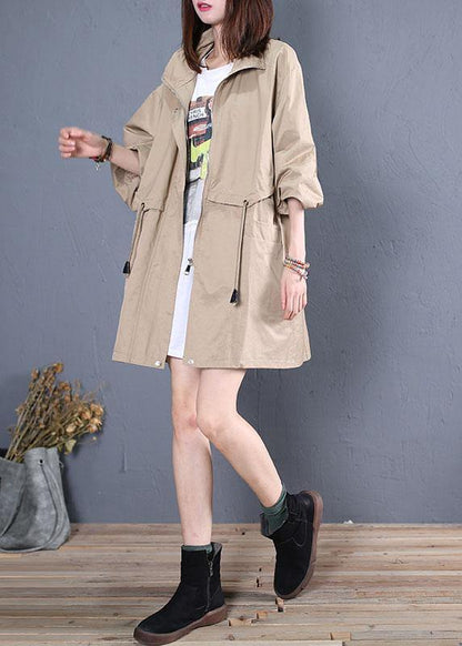 Elegant Loose fitting medium length jackets fall khaki drawstring coats - SooLinen
