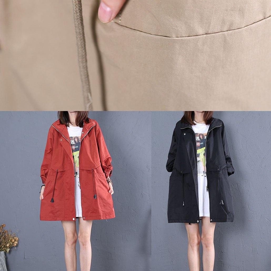 Elegant Loose fitting medium length jackets fall khaki drawstring coats - SooLinen