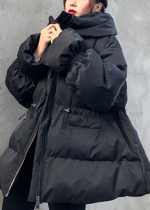Elegant Loose fitting winter jacket drawstring coats black hooded women parka - SooLinen
