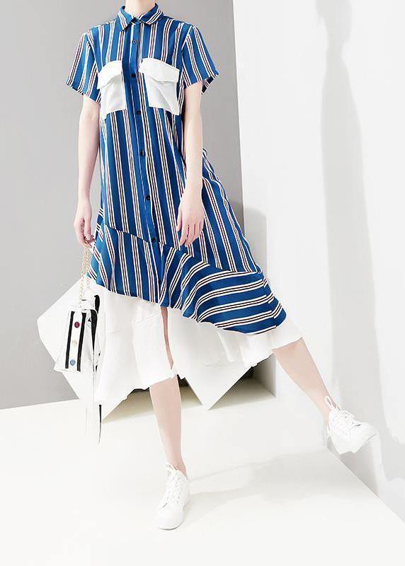 Elegant Metropolitan Museum Chiffon Ruffles Short Sleeve Striped Dress - SooLinen