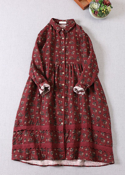 Elegant Mulberry Print Button Cotton Holiday Dress Spring