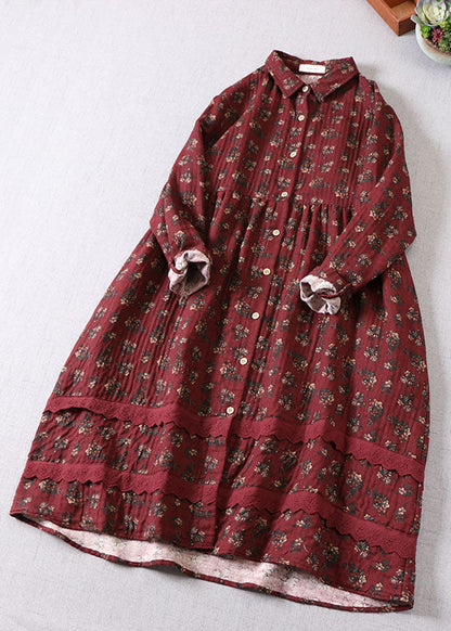 Elegant Mulberry Print Button Cotton Holiday Dress Spring