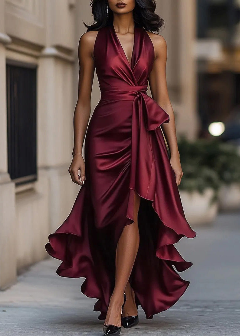 Elegant Mulberry Ruffled Asymmetrical Design Silk Dresses Summer