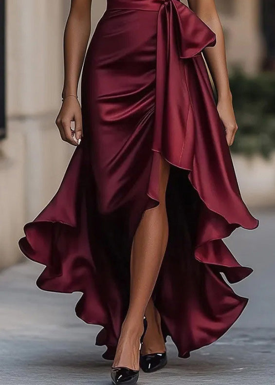 Elegant Mulberry Ruffled Asymmetrical Design Silk Dresses Summer