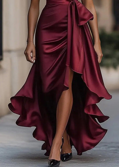 Elegant Mulberry Ruffled Asymmetrical Design Silk Dresses Summer