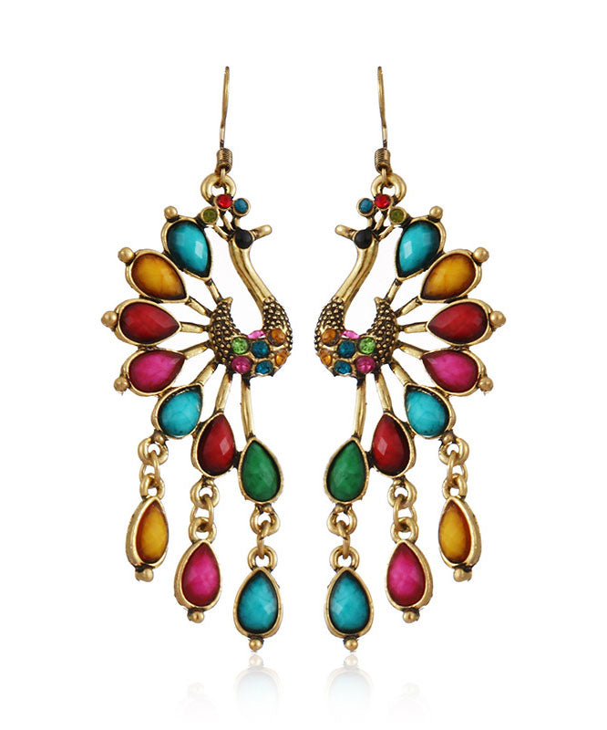 Elegant Multi Colour Peacock Zircon Copper Drop Earrings