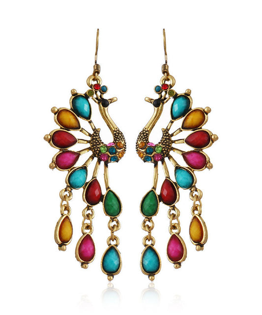 Elegant Multi Colour Peacock Zircon Copper Drop Earrings