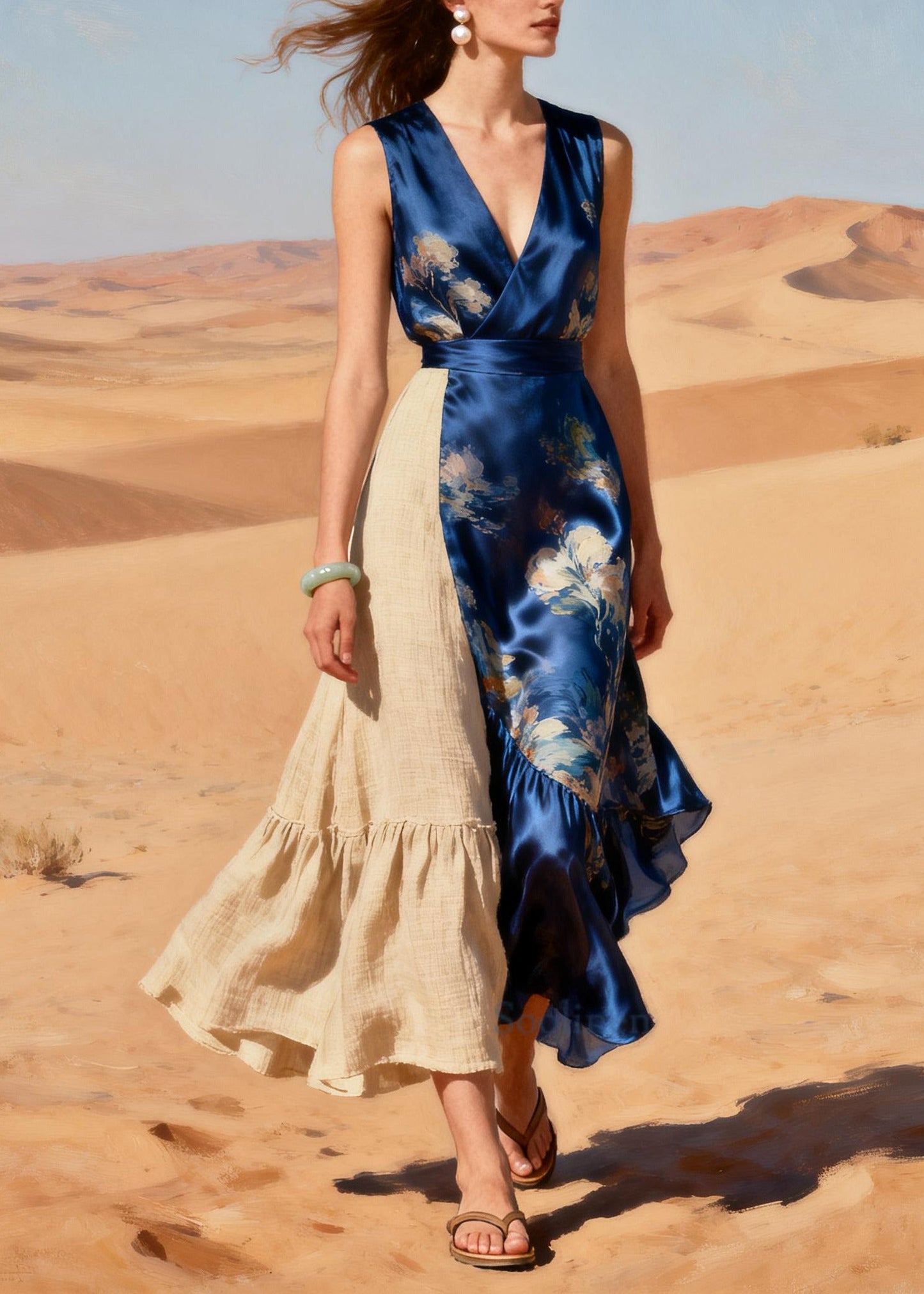 Elegant Navy Asymmetrical Patchwork Linen Silk Party Dresses Summer