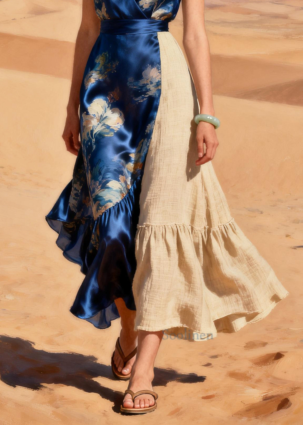 Elegant Navy Asymmetrical Patchwork Linen Silk Party Dresses Summer