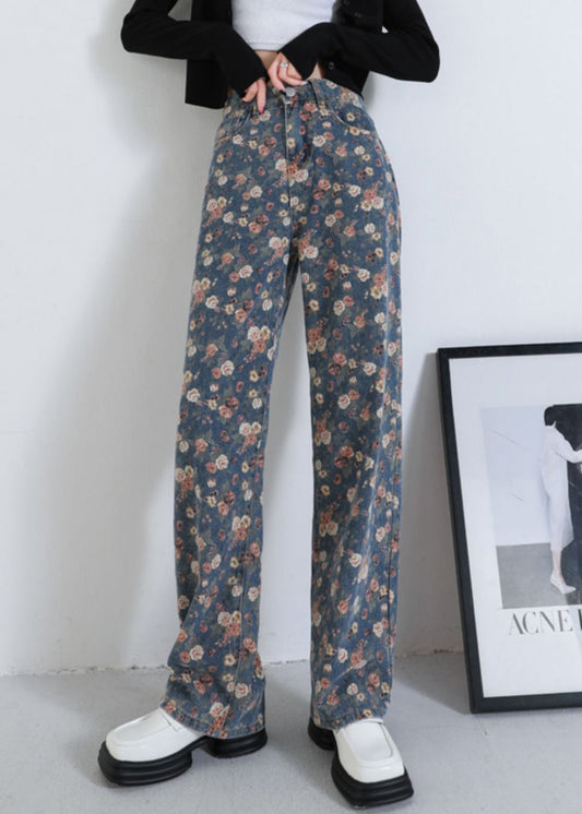 Elegant Navy Oversized Print Warm Fleece Denim Straight Pants Winter