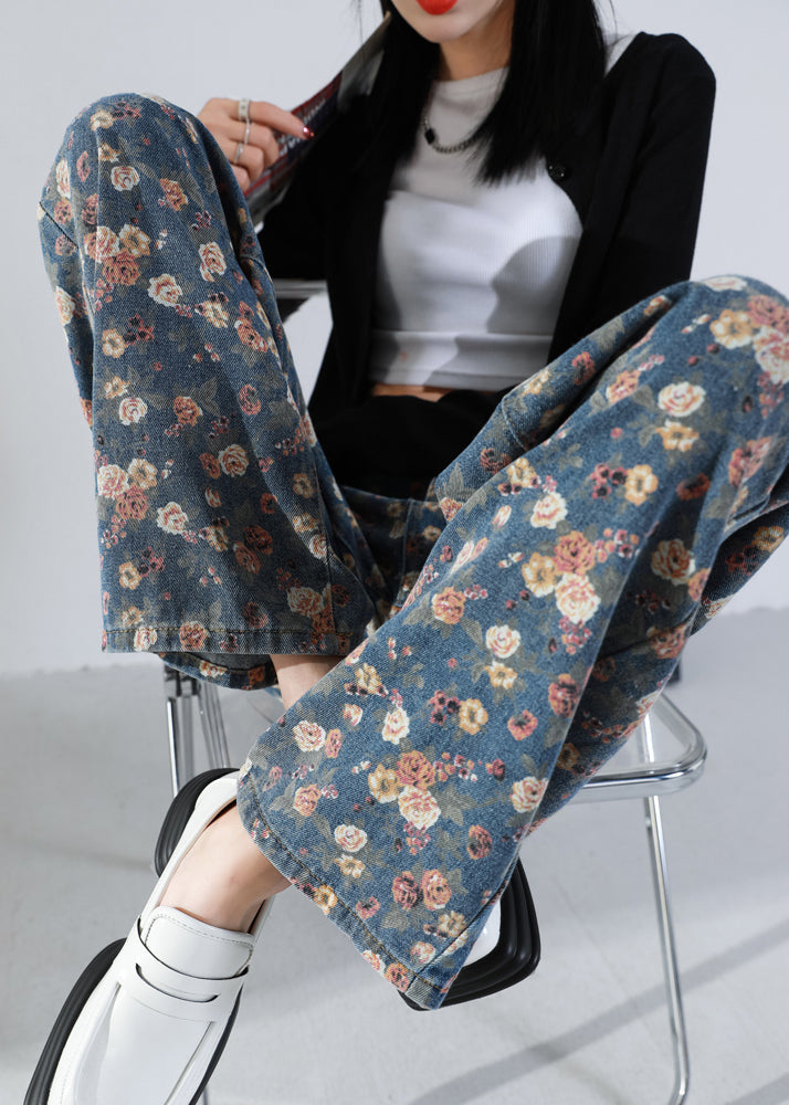 Elegant Navy Oversized Print Warm Fleece Denim Straight Pants Winter