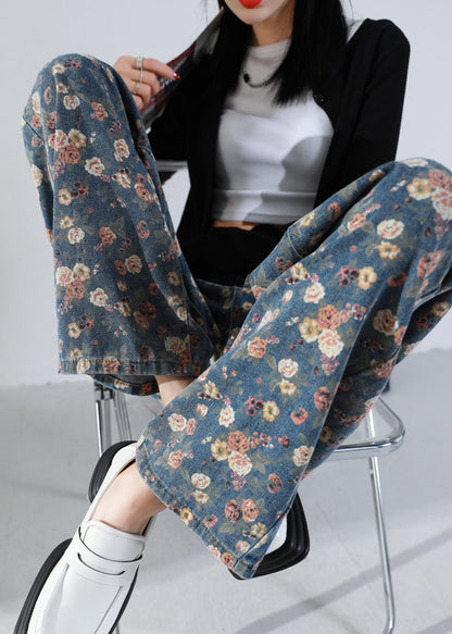 Elegant Navy Oversized Print Warm Fleece Denim Straight Pants Winter