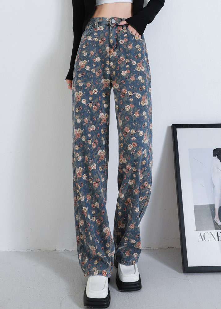 Elegant Navy Oversized Print Warm Fleece Denim Straight Pants Winter