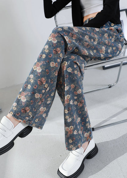 Elegant Navy Oversized Print Warm Fleece Denim Straight Pants Winter