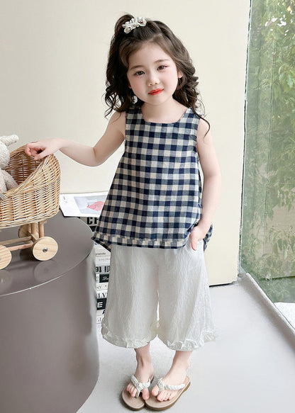 Elegant Navy Plaid Cotton Baby Girls Two Pieces Set Summer