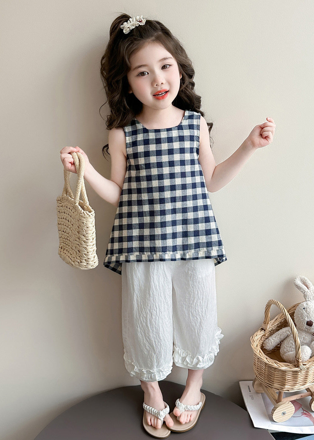 Elegant Navy Plaid Cotton Baby Girls Two Pieces Set Summer