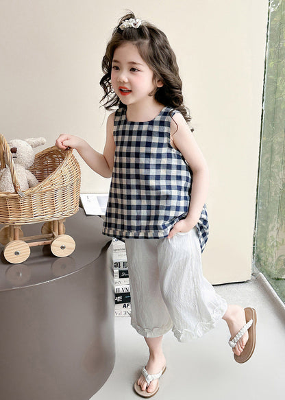 Elegant Navy Plaid Cotton Baby Girls Two Pieces Set Summer