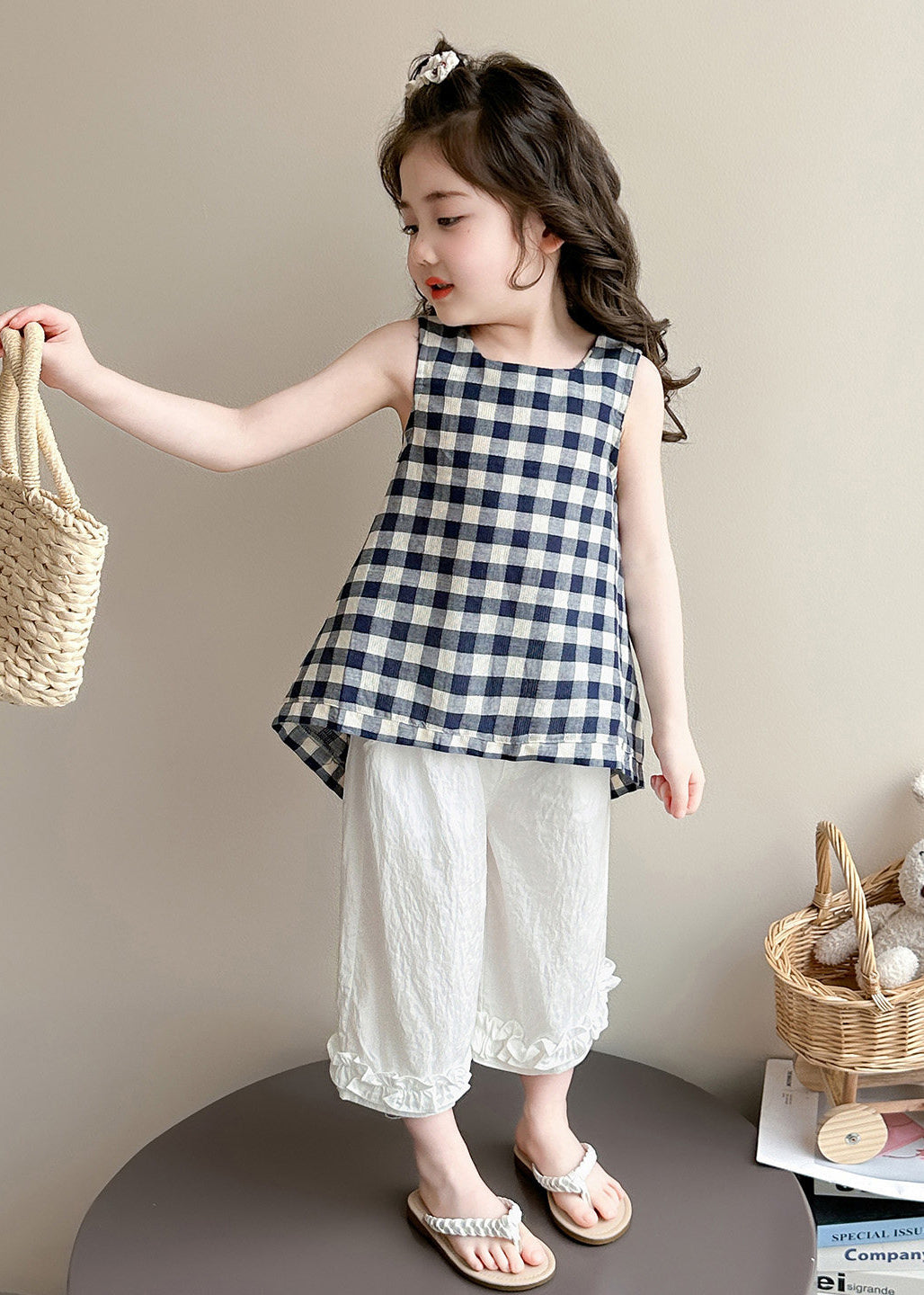Elegant Navy Plaid Cotton Baby Girls Two Pieces Set Summer
