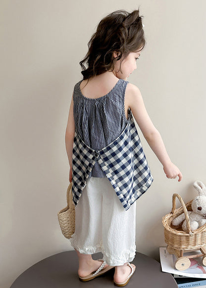 Elegant Navy Plaid Cotton Baby Girls Two Pieces Set Summer