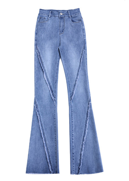 Elegante, marineblaue Patchwork-Jeans mit Quastentaschen und ausgestelltem Schnitt für den Frühling