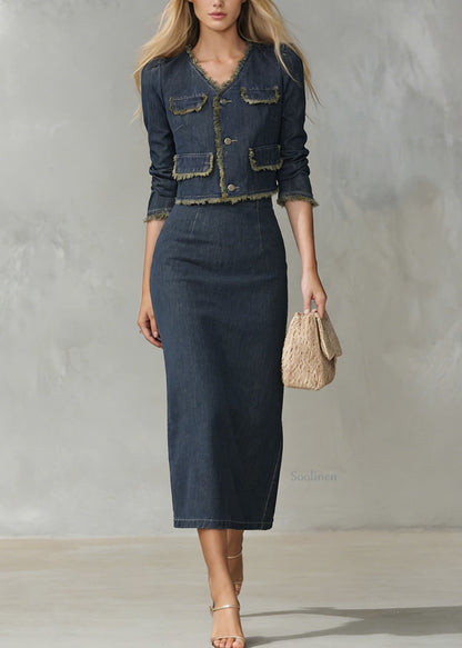 Elegant Navy V Neck Coat And Skirts Denim Two Piece Set Spring