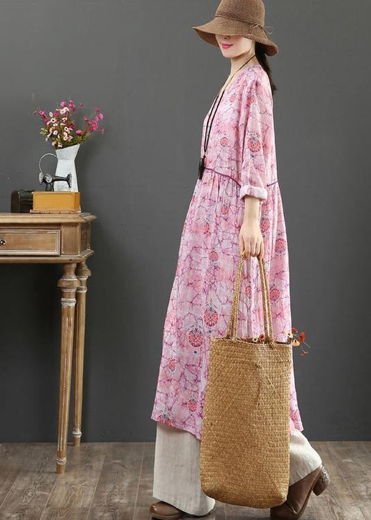 Elegant O Neck Cinched Spring Tunics Photography Pink Print Maxi Dresses - SooLinen