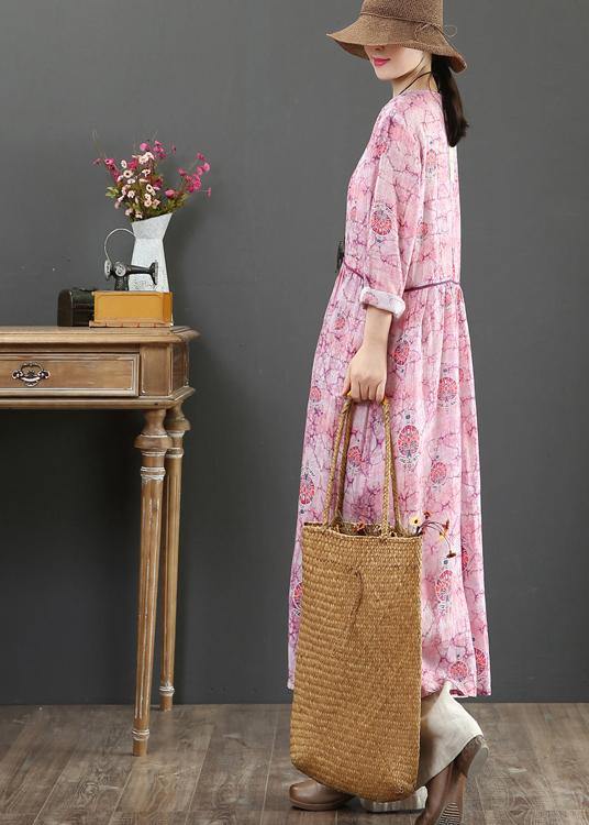 Elegant O Neck Cinched Spring Tunics Photography Pink Print Maxi Dresses - SooLinen