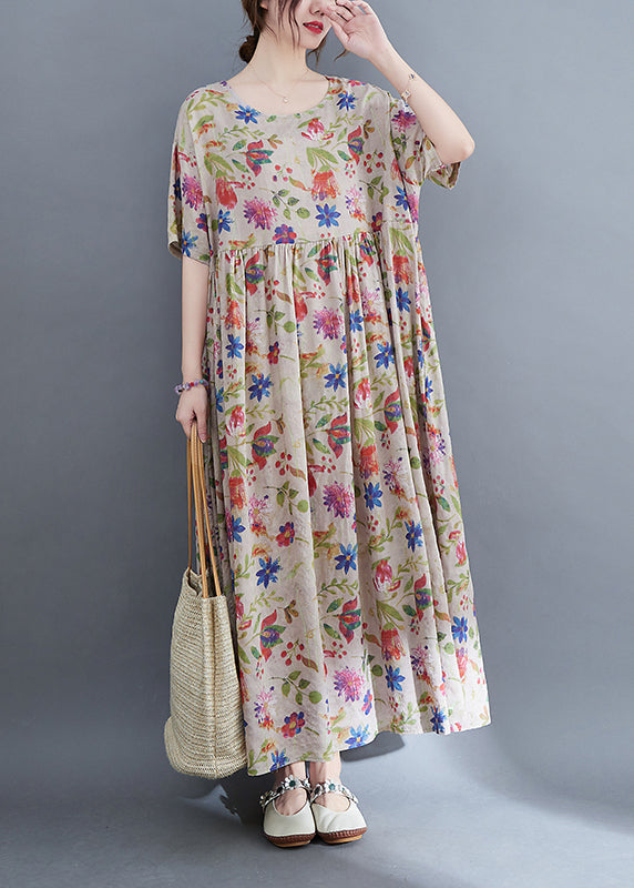 Elegantes O-Ausschnitt-Kleid mit extra großem Saum und Print, kurze Ärmel