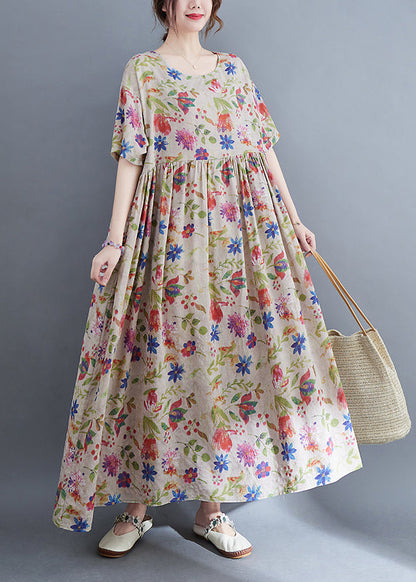 Elegantes O-Ausschnitt-Kleid mit extra großem Saum und Print, kurze Ärmel