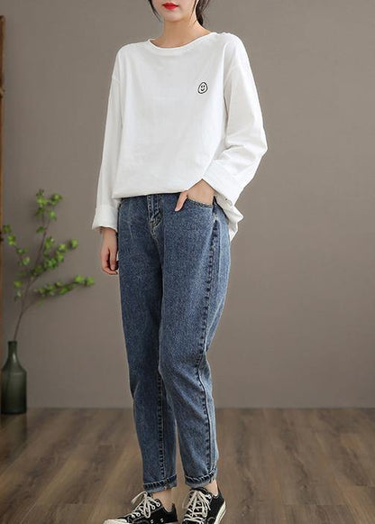 Elegant O Neck Linen Spring Blouse Fabrics White Smiling Face Blouse - SooLinen