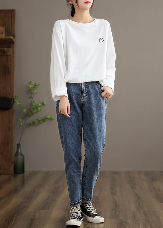 Elegant O Neck Linen Spring Blouse Fabrics White Smiling Face Blouse - SooLinen