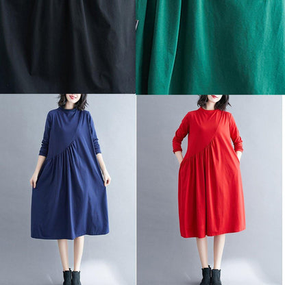 Elegant O Neck Wrinkled Spring Tunics Outfits Black Maxi Dress - SooLinen