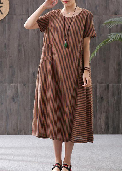 Elegant Omychic Stripe Loose Summer Cotton Short Sleeve Dress - SooLinen