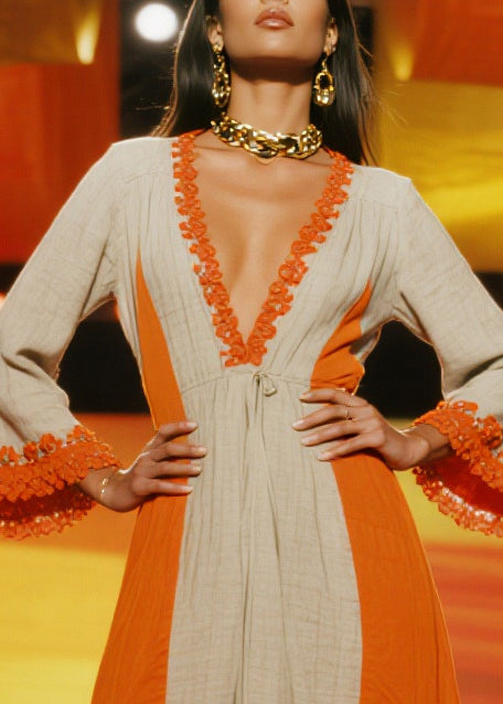 Elegant Orange Patchwork Low High Design Linen Party Dresses Summer