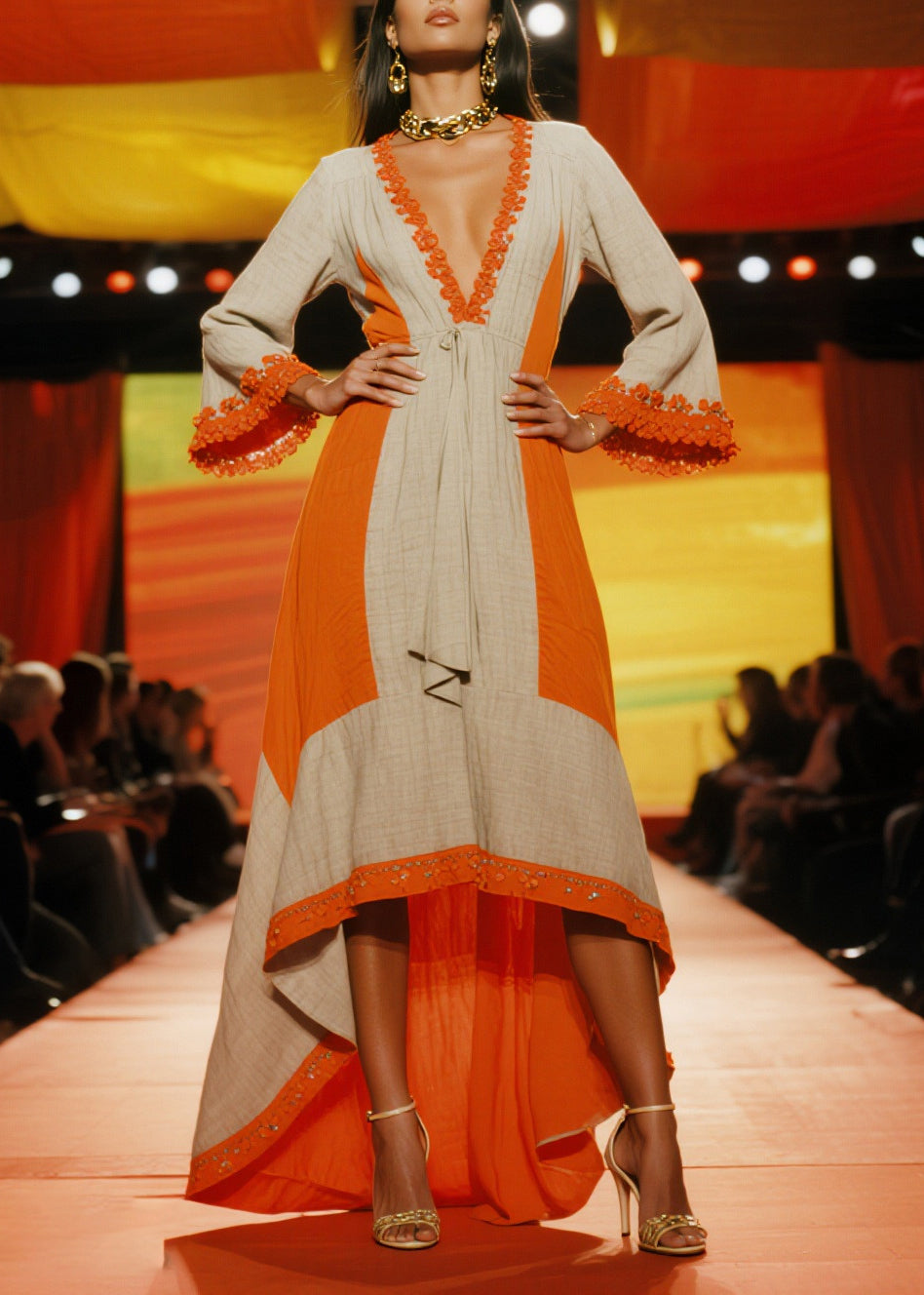 Elegant Orange Patchwork Low High Design Linen Party Dresses Summer