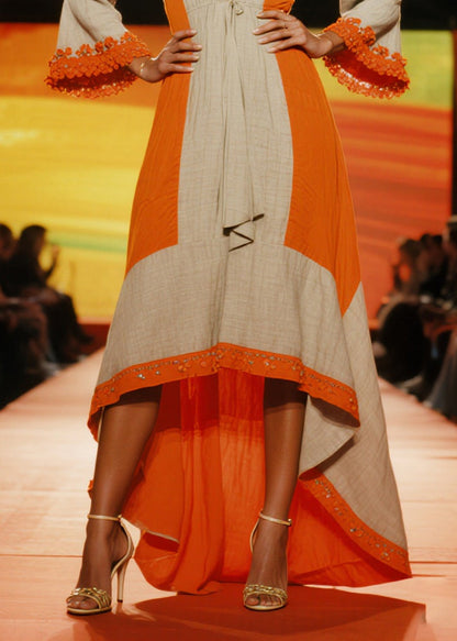 Elegant Orange Patchwork Low High Design Linen Party Dresses Summer