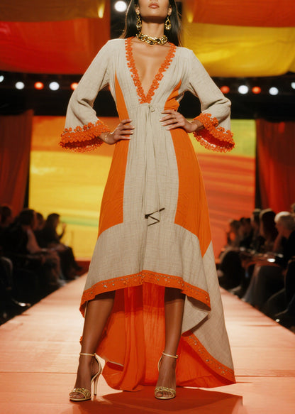 Elegant Orange Patchwork Low High Design Linen Party Dresses Summer