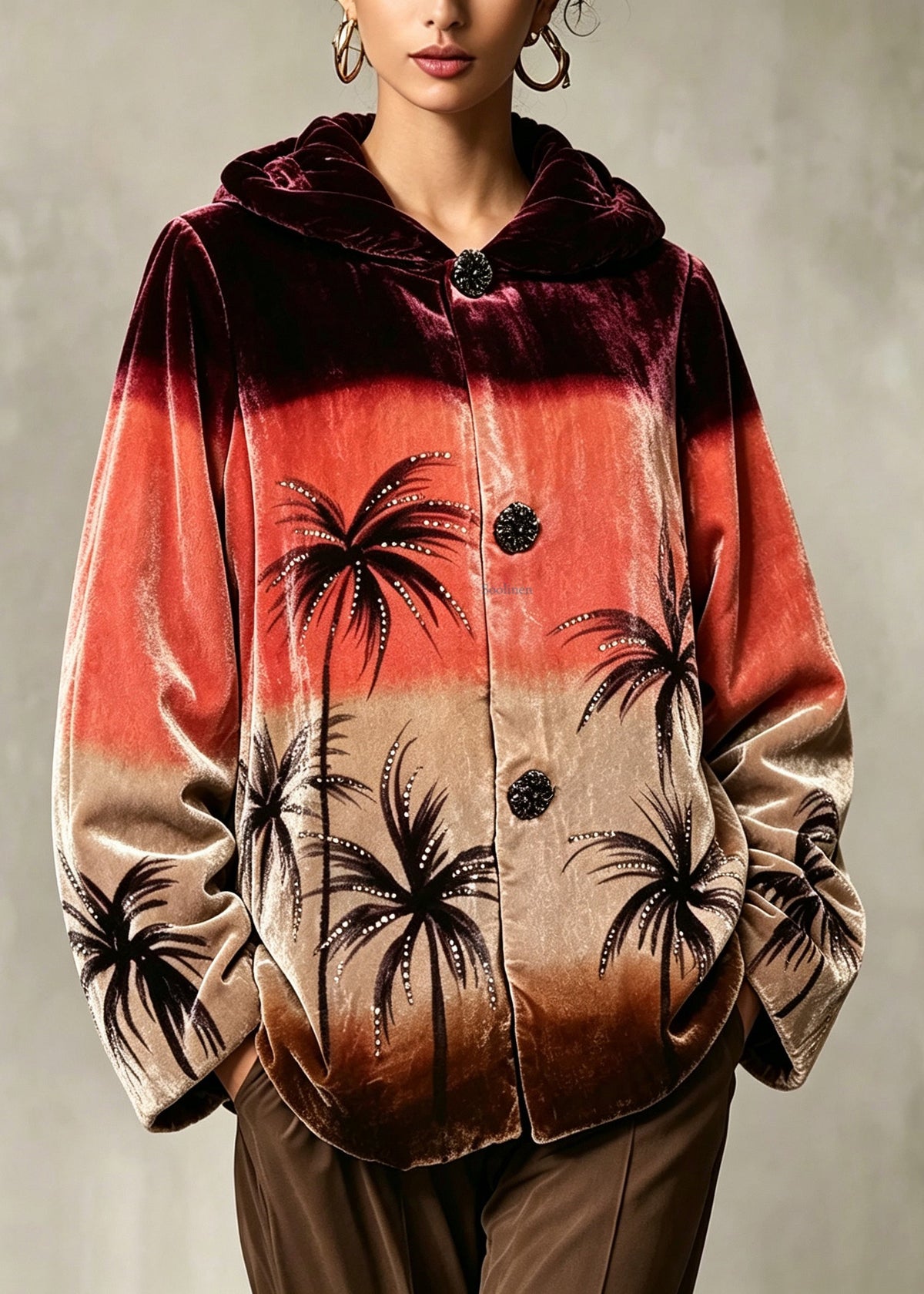 Elegant Orange Peter Pan Collar Print Button Down Jackets Winter