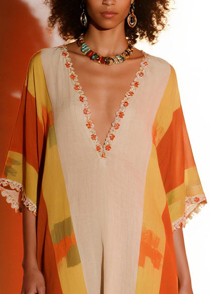 Elegant Orange Ruffled Print Chiffon Holiday Dress Summer