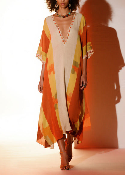 Elegant Orange Ruffled Print Chiffon Holiday Dress Summer