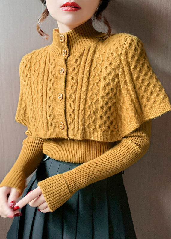 Elegante Orange Rollkragen Zopfmuster Wraps Und Pullover Zwei Stücke Set Herbst