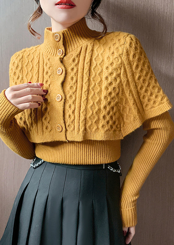 Elegante Orange Rollkragen Zopfmuster Wraps Und Pullover Zwei Stücke Set Herbst