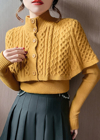 Elegante Orange Rollkragen Zopfmuster Wraps Und Pullover Zwei Stücke Set Herbst