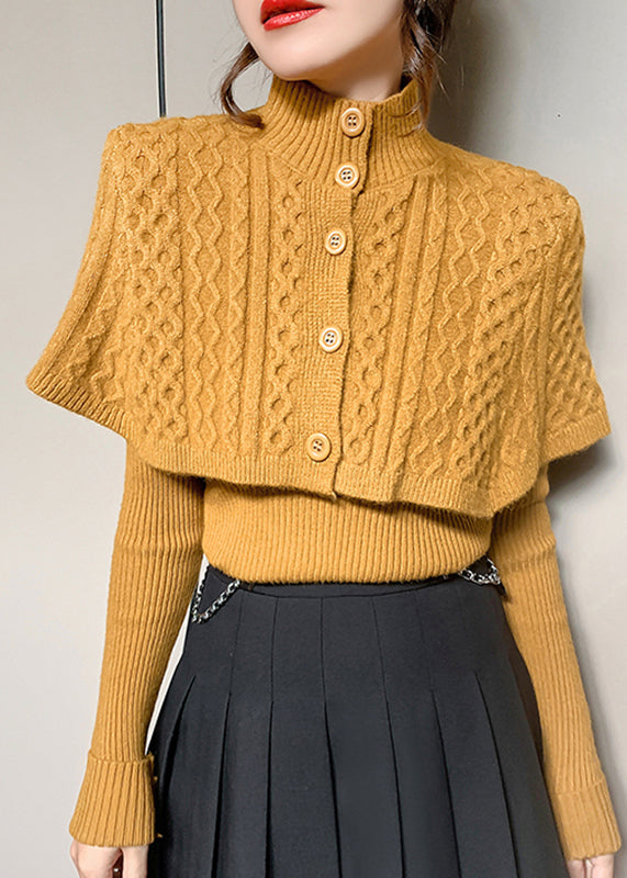 Elegante Orange Rollkragen Zopfmuster Wraps Und Pullover Zwei Stücke Set Herbst