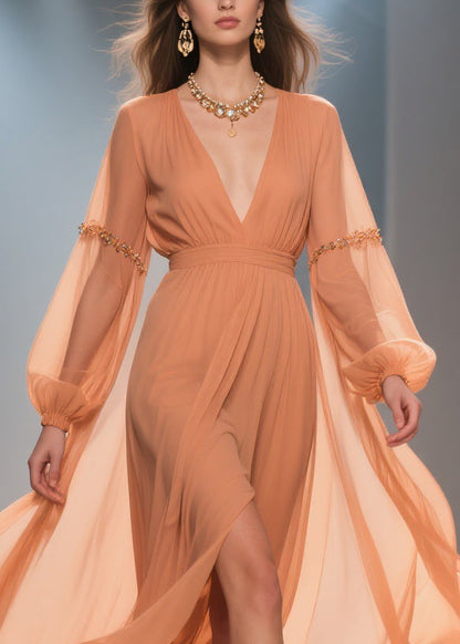 Elegant Orange Wrinkled Side Open Chiffon Long Dresses Spring