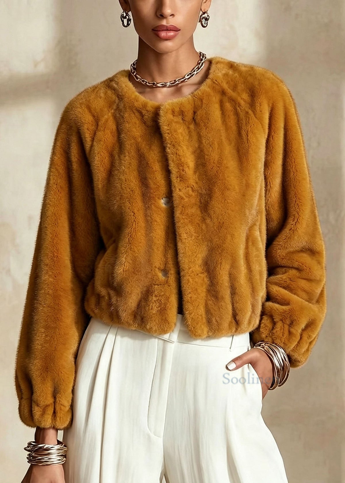 Elegant Orange Yellow O Neck Faux Fur Short Coat Winter