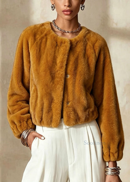 Elegant Orange Yellow O Neck Faux Fur Short Coat Winter